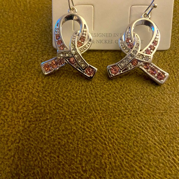Pink Ribbon Rhinestone Earrings - Picture 4 of 5